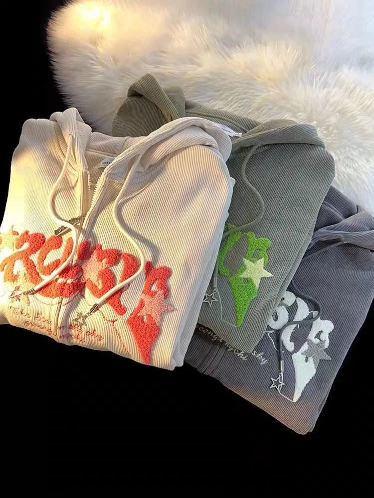 Zip Up Hoodies  Autumn Long Sleeve Tops Loose Hood Shirt  Sweatshirt Jacket