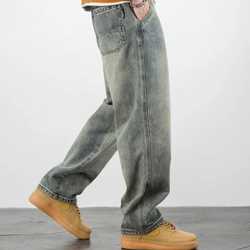 Men's Jeans Retro Cargo Trousers Straight Man Cowboy Pants