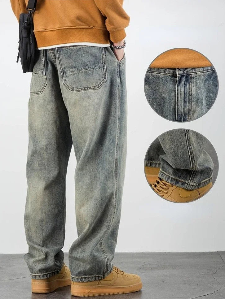 Men's Jeans Retro Cargo Trousers Straight Man Cowboy Pants