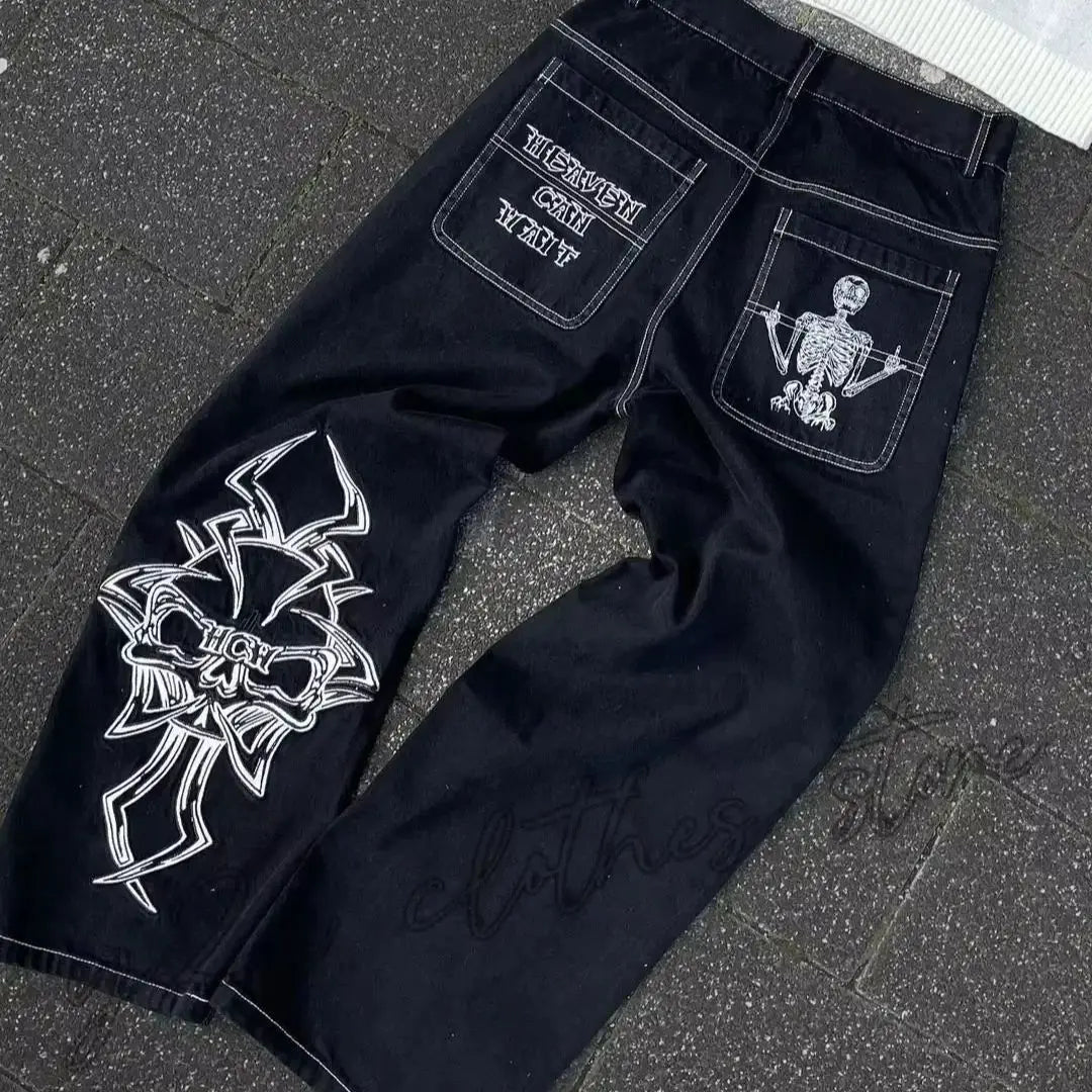 Mens Hip Hop Retro Skull Embroidery Washed Baggy Denim Pants New Straight Casual Loose Wide Leg Trouser Streetwear